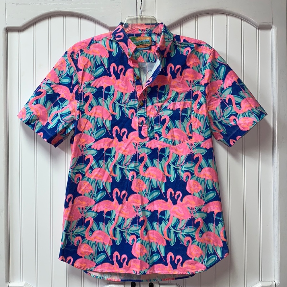 chubbies Navy Button-Down Shirt with Pink Flamingo Print